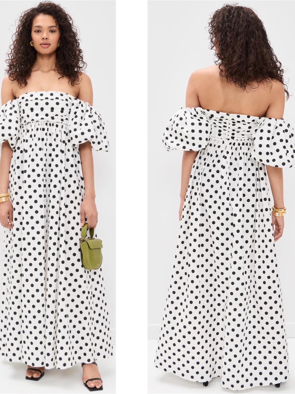 Caroline Constas Emilia Ruched Empire Polkadot Off The Shoulder Maxi Dress Sz M